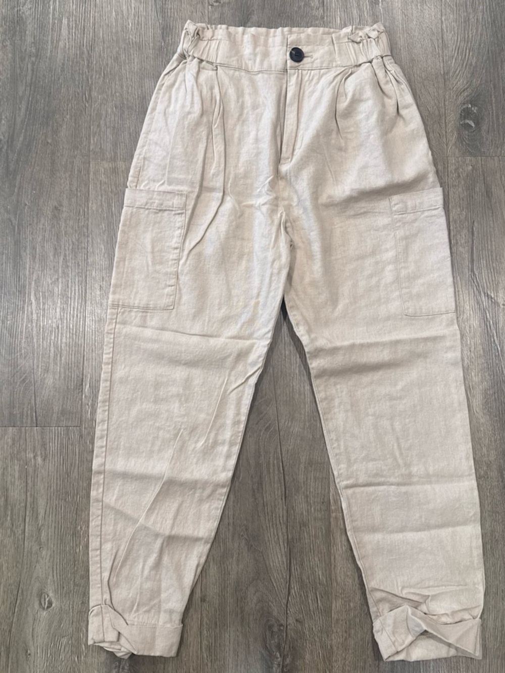 Zara Beige Linen Blend Tapered Cargo Pants
